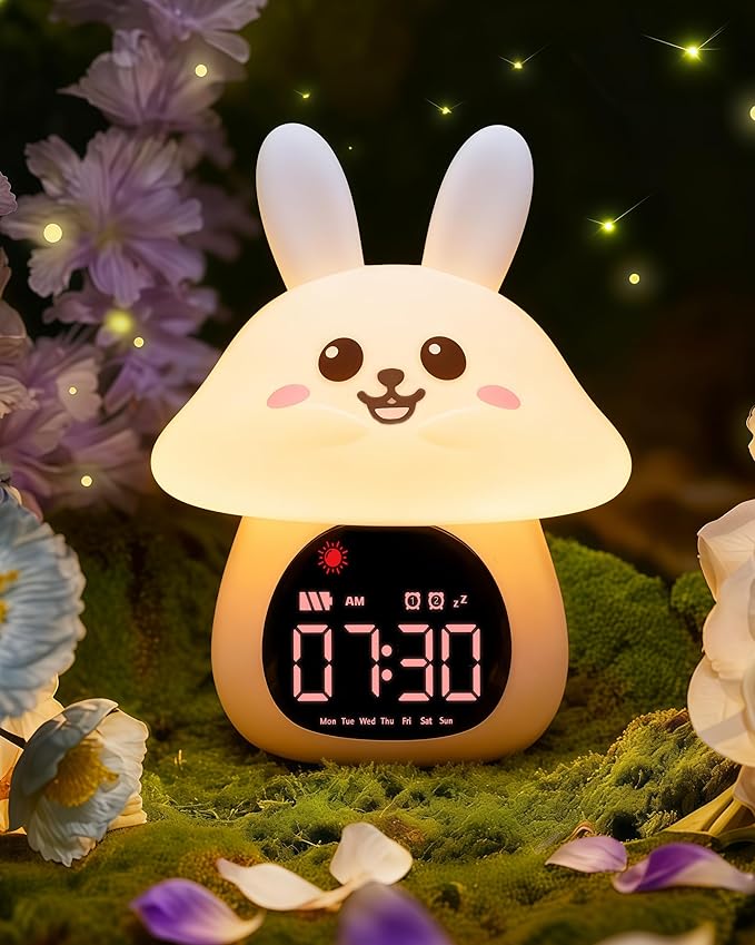Yiliaw Sleep Training Alarm Clock with Night Light for Kids - Ok to Wake Clock with Dual Alarms, Night Light & RGB Colors, 6 Alarm Tones & White Noise, Rechargeable Clock for Boys & Girls, Bunny