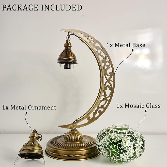 mozaist Turkish Mosaic Moon Shape Table Lamp, Moroccan Crescent Vintage Handmade Desk Light, Country Living Room, Kitchen Island Decorative Lighting, Authentic Bohemian Bedside Dim Nightstand (Green)