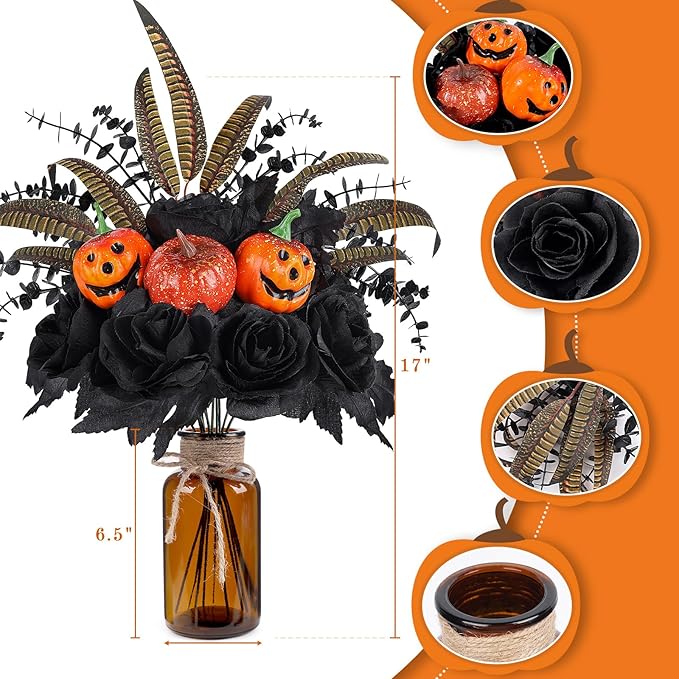 Halloween Artificial Flowers Decorations,Fake Black Roses Eucalyptus Pumpkins with Vase Arrangements Halloween Table Centerpiece for Kitchen Dining Living Room Home Indoor Decor
