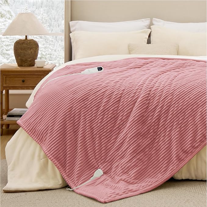 Bedsure GentleSoft Electric Blanket Twin - Soft Ribbed Flannel Heated Blanket, Heating with 10 Time Settings, 6 Heat Settings, and 8 hrs Timer Auto Shut Off (62x84 inches, Bridal Rose)