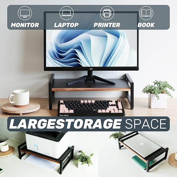 Monitor Riser,Monitor Stand for Desk -Metal Computer Riser with Solid Wood Decorative Strips.Desk Storage for Office, Home (no Storage)