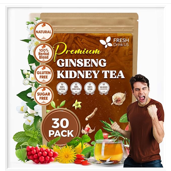 FreshDrinkUS, Ginseng 6 Treasures Kidney Tea, 30 Packs Of Super Kidney Cleanse Detox Tea For Men & Women, 100% Natural Roots & Berries | Caffeine-Free | Adaptogenic Blend for Energy, Wellness & Vitality Support