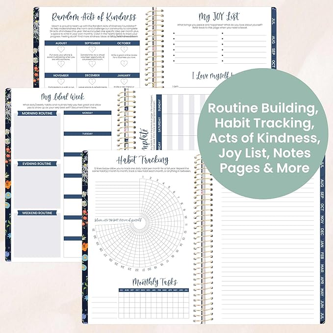 bloom daily planners 2025-2026 Academic Year Daily Planner (July 2025 - July 2026) - A5 Weekly & Monthly Calendar Agenda Organizer Book with Stickers - 5.5" x 8.25" - Garden Party, Navy