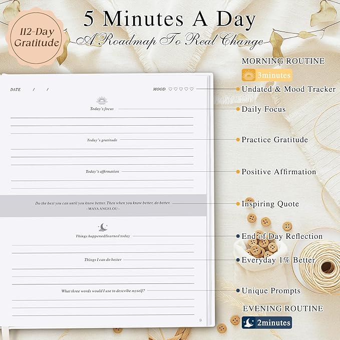 Lanpn Daily Gratitude Journal for Woman Men, The 5 Minute Gratitude Diary with Prompts, Leather Mindfulness Affirmation Planner, Mental Health Guided Notebook Better Every Day Reflection, 156 Page