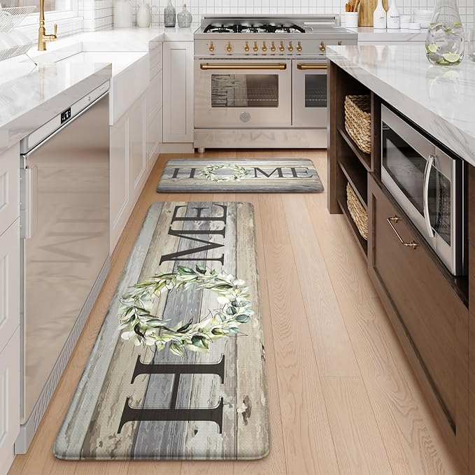 KIMODE Kitchen Mats for Floor 17"x47"+17"x29", Farmhouse Kitchen Rugs Sets of 2, Anti Fatigue Mats for Kitchen Floor, Cushioned Comfort Kitchen Floor Mats for Sink, Laundry, Desk Grey