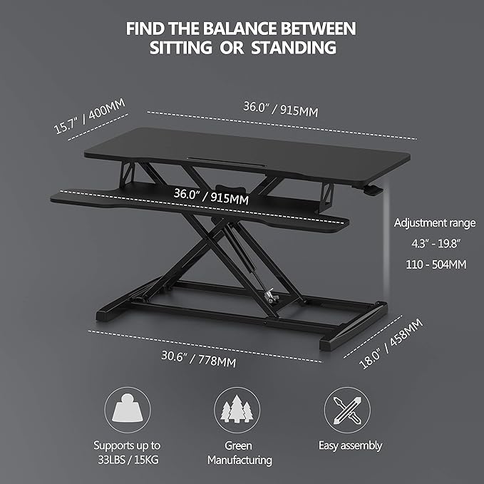 FITUEYES Height Adjustable Standing Desk 36” Wide Sit to Stand Converter Stand Up Desk Tabletop Workstation for Laptops Dual Monitor Riser Black SD309101WB