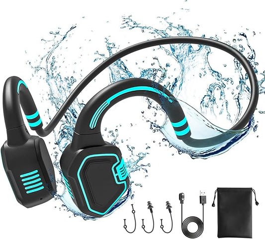 Bone Conduction Headphones Swimming Headphone - IP68 Waterproof Open Ear Headphones with MP3 Play 32G Memory Inductive Wireless Bluetooth Sports Headset for Running Swimming (Blue)