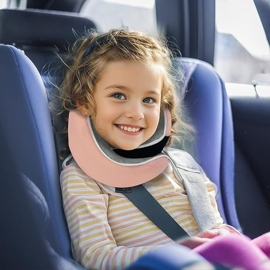 Proglobe Junior Kids Travel Neck Pillow - Ergonomic Memory Foam Pillow for Airplane, Car, Booster Seat - Soft, Washable, Compact Travel Pillow with Strap - Light Pink - Ages 4-13