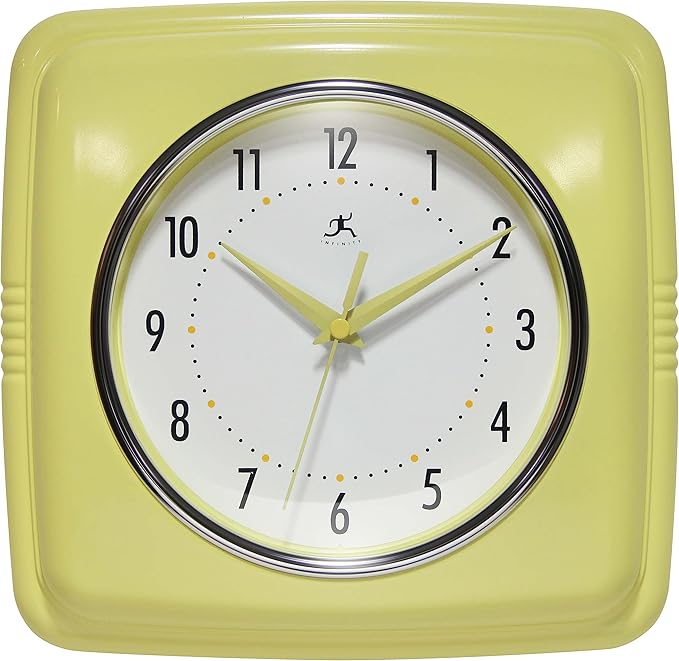 Infinity Instruments Retro Wall Clock – 9-Inch Square, Silent & Non-Ticking – Mid-Century Modern Vintage Design – Decorative Wall Clock for Kitchen, Office, or Diner – Yellow
