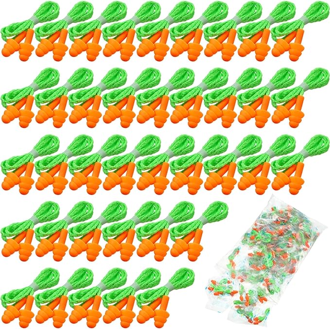 Tondiamo 200 Pairs Ear Plugs Reusable Silicone Earplugs with Cord Sleeping Individually Wrapped Hearing Protection Noise Cancelling Earplugs for Work Construction Shooting Sports(Orange, Green)