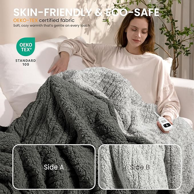Electric Heated Blanket King 90x100 inches, Fast Heating w/ 10 Heat Settings & 2/4/8/10H Auto Timer, Double-Sided Sherpa, Ultra Soft & Cozy for Couch, Bed, Office, Machine Washable