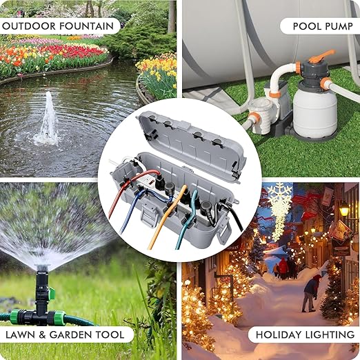 RESTMO Outdoor Electrical Box, IP54 Weatherproof Extension Cord Cover with 6 Cable Entry Ports, Waterproof Connection Box Protect Power Strip, Timer, Plug (11.5x5.2x4 inch), Light Gray