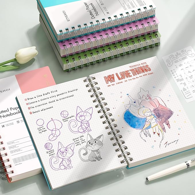 EMSHOI Spiral Dotted Notebook, Dot Grid Journal, 5.7"x8.22" A5 Size, 300 Pages/150 Sheets 100gsm Thick Paper, Waterproof Hardcover for Office, School, Work, Writing, Bullet Journaling (Green)