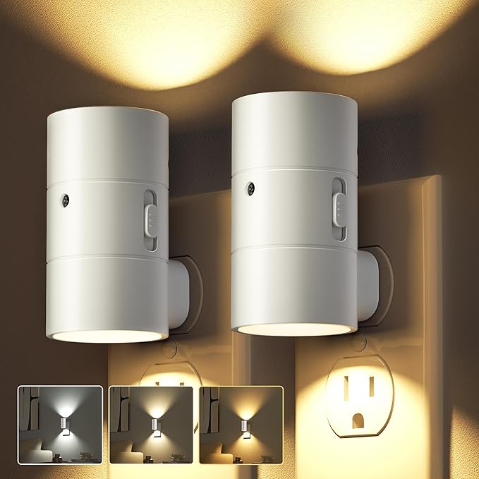 Night Lights Plug Into Wall,3 Color Temperatures LED Night Light Plug in,Dusk to Dawn Sensor,0-100LM Adjustable Brightness,Dimmable Night Lights for Hallway Bathroom Stair Bedroom,White,2 Pack