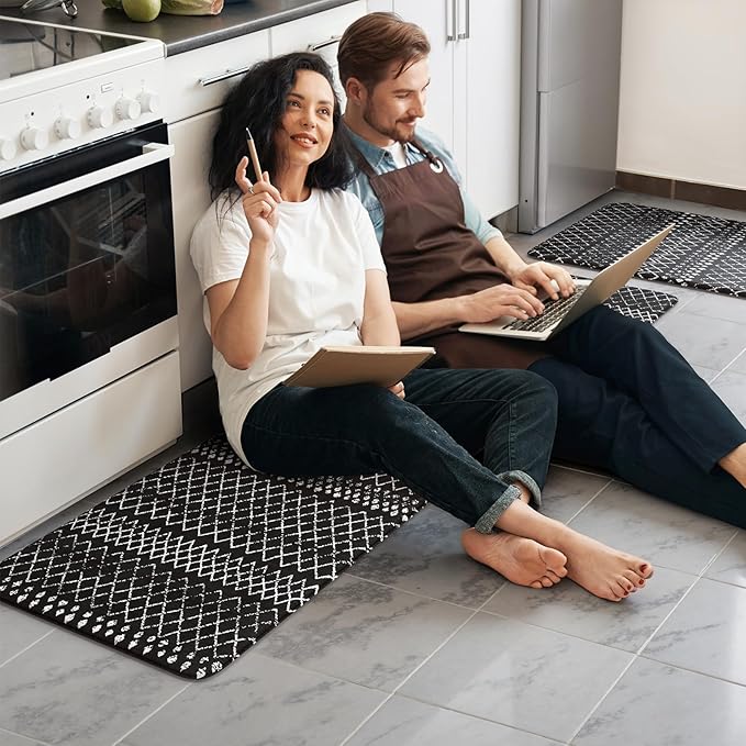 KIMODE Kitchen Mats Cushioned Anti Fatigue, Black Farmhouse Kitchen Rugs Sets of 2, Padded Kitchen Floor Mats, Non Slip Standing Mats for Sink Laundry Office Desk 17"x59"+17"x29"