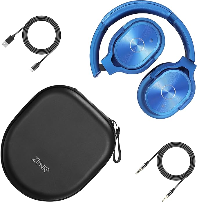 ZIHNIC Active Noise Cancelling Headphones, 40H Playtime Wireless Bluetooth Headset with Deep Bass Hi-Fi Stereo Sound,Over-Ear Headphone,Comfortable Earpads for Travel/Home/Office (Blue)
