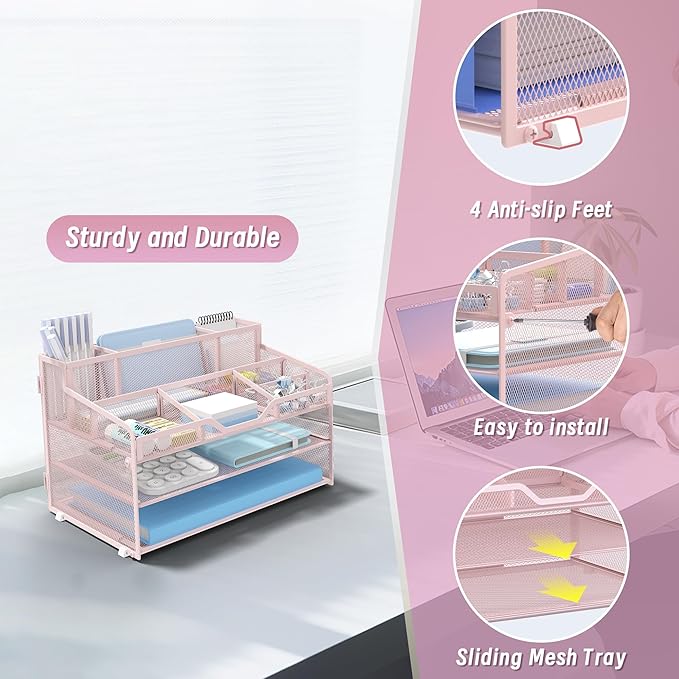 3 Tier Mesh Desk Organizer,Multi Functional Letter Paper Tray with 3 Pen Holders and 5 Adjustable Storage Compartments for Office Supplies Files and Mail Space Saving Desktop Organizer-Pink