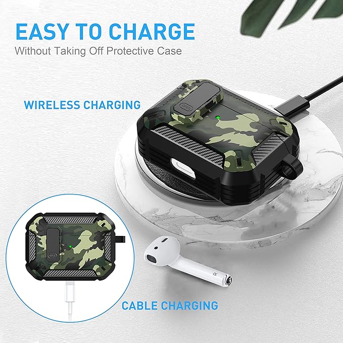 Maxjoy for AirPods Pro Case Cover with Lock, AirPods Pro 1st Generation Case for Men Military Rugged Protective Cover with Keychain Compatible with Apple AirPod Pros 2019 Front LED Visible, Green Camo