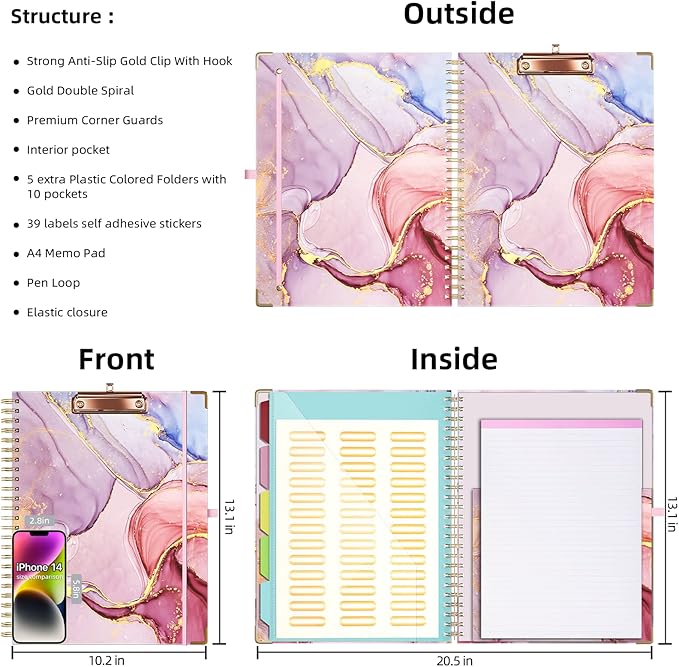 Ospelelf Clipboard with Storage 8.5 X 11，Padfolio Organizer, Spiral Portfolio Letter Size with Notepad, Pen Holder, 5 Extra Folder Divider Pages, Elastic Closure Nurse Office Essentials (Pink Marble)