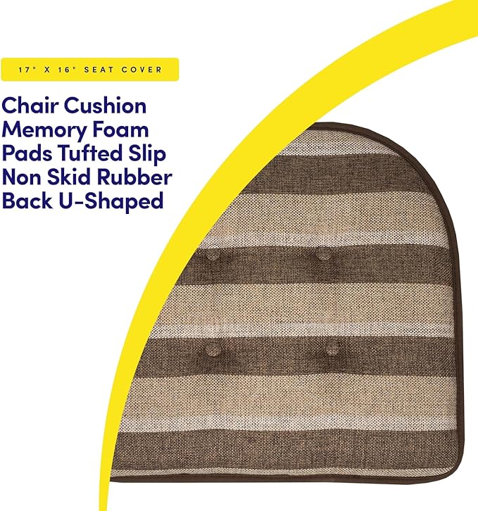 Sweet Home Collection Chair Cushion Memory Foam Pads Tufted Slip Non Skid Rubber Back U-Shaped 17" x 16" Seat Cover, 12 Count (Pack of 1), Bradford Chocolate/Beige