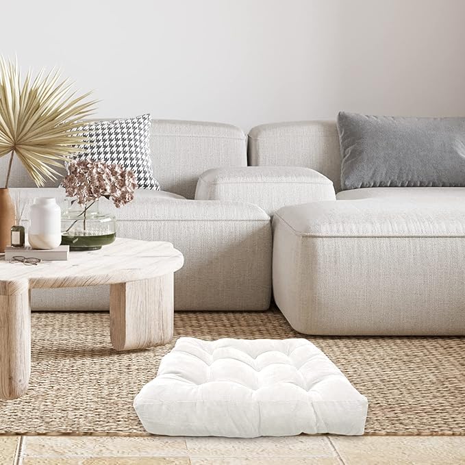 LANITI 24” Inch Extra Large Floor Cushions Tufted Floor Pillow for Adults Square Meditation Ultimate Comfort Oversized Pillows for Floor Cushion (White)