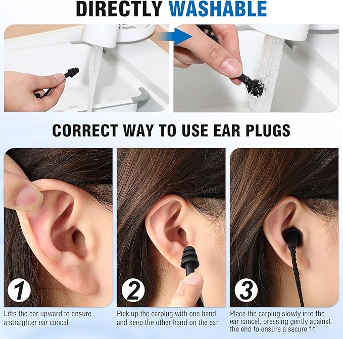Tondiamo 200 Pairs Ear Plugs Reusable Silicone Earplugs with Cord Sleeping Individually Wrapped Hearing Protection Noise Cancelling Earplugs for Work Construction Shooting Sports (Black)