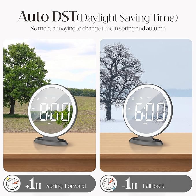 Round Mirror Lighted Digital Alarm Clock, Mirror Surface for Makeup, Large Display, Easy Setting, Auto DST, Auto Dimming, USB Port, Modern Decor for Home, Bedroom, Office, Gift for Women, Girl, Black
