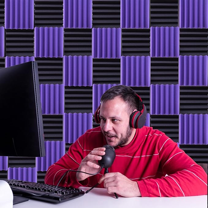 24 Pack Acoustic Panels,2" x 12" x 12"Sound Proof Foam Panels for Wall,Fireproof Absorbing Noise Cancelling Panels,to Absorb Noise and Eliminate Echoes. (12 Purple+12 Black)