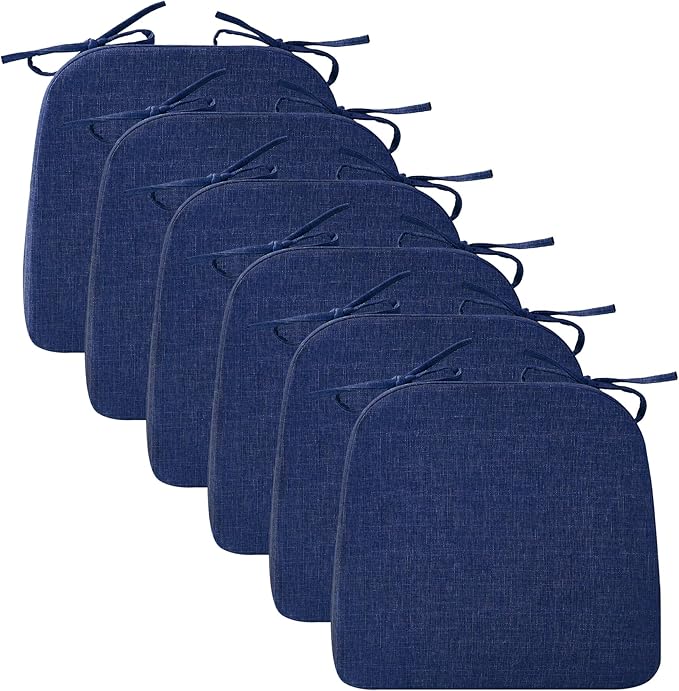 Chair Cushions for Dining Chairs, 2" Thick Seat Cushions for Kitchen Chairs, D-Shaped Chair Pads with Washable Cover, Ties and Non Slip Backing, 17'' x 16'', Set of 6, Blue