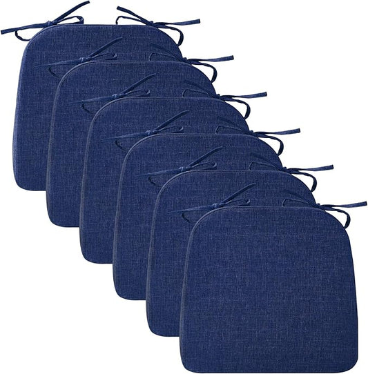 Chair Cushions for Dining Chairs, 2" Thick Seat Cushions for Kitchen Chairs, D-Shaped Chair Pads with Washable Cover, Ties and Non Slip Backing, 17'' x 16'', Set of 6, Blue