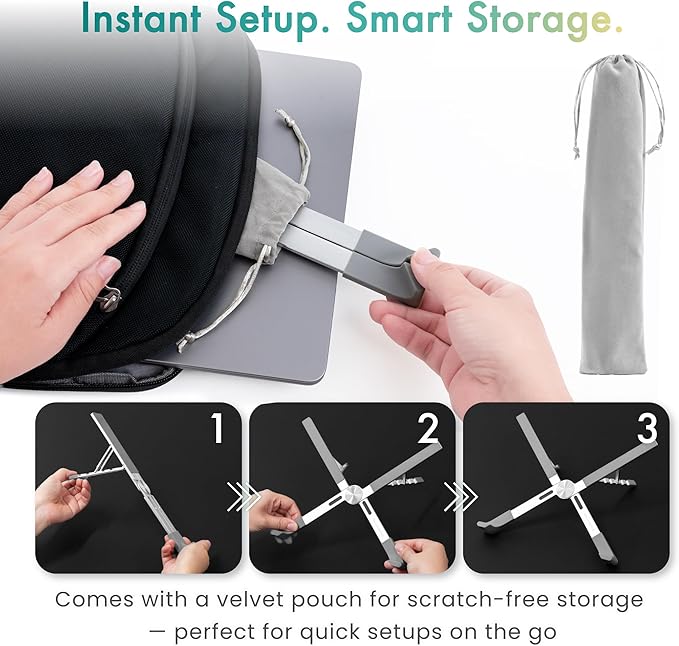 BELLEMOND | Adjustable Laptop Stand – Lightweight Aluminum Riser with 5 Height Levels | Foldable, Ventilated X-Frame Design | Designed in Japan | Fits Laptops & Tablets up to 17.3” | Midnight Black