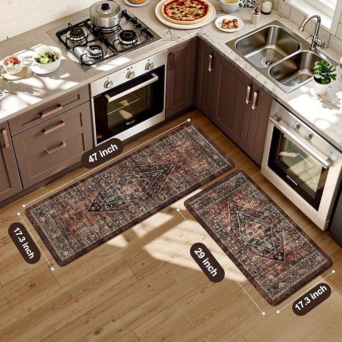 KIMODE Kitchen Mats for Floor Cushioned Anti Fatigue, Floral Kitchen Rugs Sets of 2, Brick Rugs for Kitchen Floor, Comfort Kitchen Floor Mats, Ergonomic Standing Desk Mat for Sink Laundry