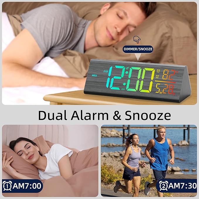Solid Wood Digital Alarm Clock for Bedroom - 8.8 Inch Large Display for Living Room, See Time Instantly! Multicolor Backlight Time Display, Dual Alarms, Date/Temp/Day, DST, Snooze (Black)