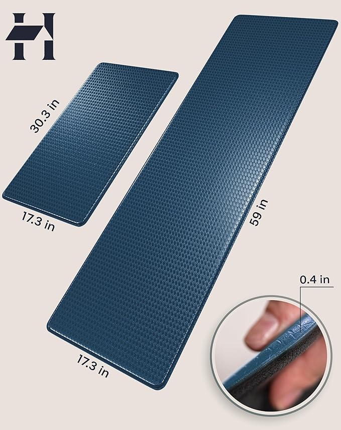 Anti-Fatigue Kitchen Mat Set – 2-Piece Memory Foam Cushioned Mats for Standing – Royal Blue, 18×30 & 18×60, 0.4 in Thick, Waterproof, Non-Slip – Homergy