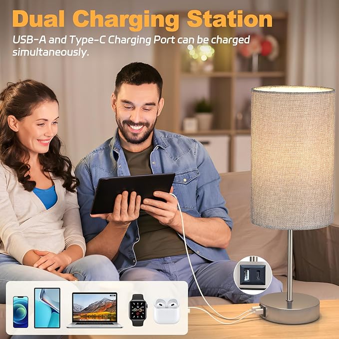 AKASUKI 18Inch Table Lamp with Dual Charging Station, 3 Way Dimmable Touch Lamp for Bedroom, Living Room, Office(LED Bulb Included)