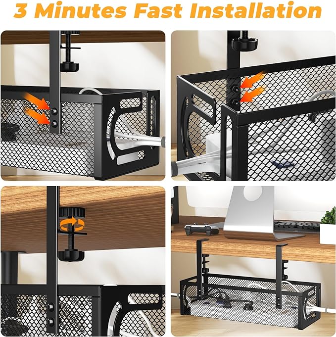 Under Desk Cable Management Tray, 15.7'' No Drill Steel Desk Cable Organizers, Wire Management Tray Cable Management Rack (2 Packs-Black)