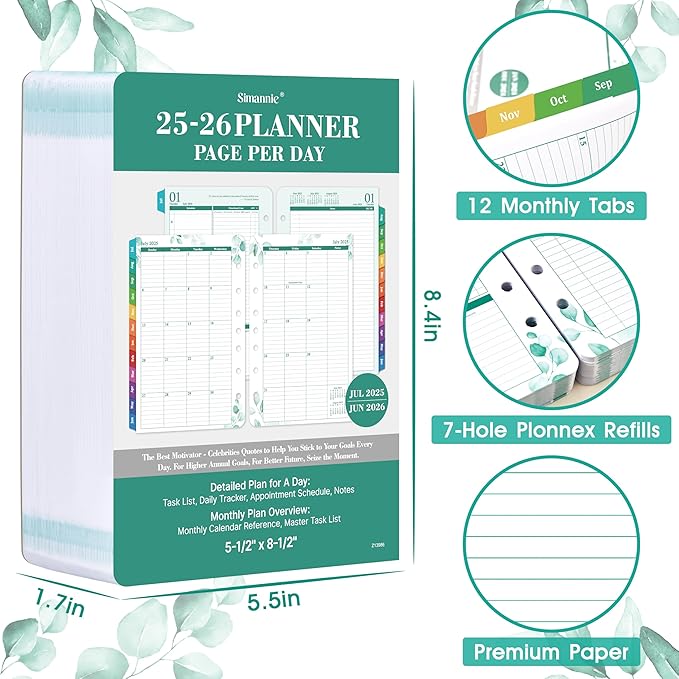 2025-2026 Planner Refills – Planner Refills 2025-2026, Jul.2025 - Jun.2026, 2 Pages Per Day Daily ＆ Monthly Planner, 5.5" x 8.4", Daily Tracker