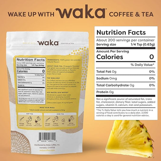 Waka Instant Green Tea Mix, Pineapple Flavored - 100% Tea Leaves, No Additives, Unsweetened Tea Powder in Bulk Pouch – Easy Quick Hot and Iced Teas, Up to 200 Cups (4.5oz)