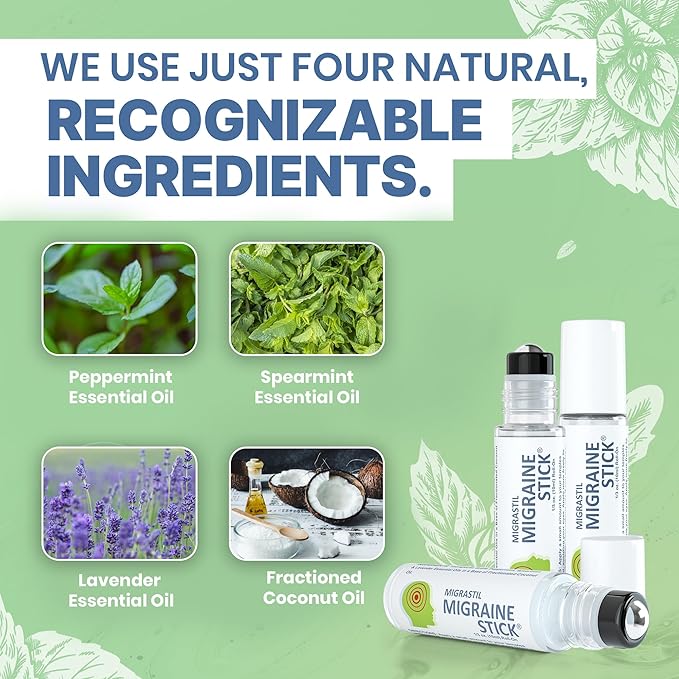 Migrastil Migraine Stick Rollon - Fast Cooling Comfort for Your Head. Aromatherapy with Peppermint & Other Essential Oils. Metal Roller. Made in USA by Basic Vigor