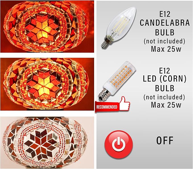 mozaist Turkish Mosaic Crescent Shape Table Lamp, Moroccan Moon Boho Handmade Desk Light, Farmhouse Rustic Living Room Decorative Lighting, Bedside Nightstand with E12 Socket & US Plug (Orange & Red)