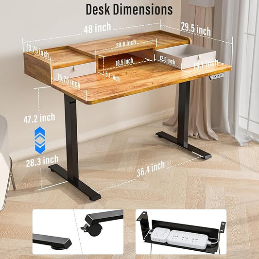 Kingant 48" x 30" Standing Desk with Drawers, Large Desktop, Ergonomic Sit Stand Desk for Home Office Work, Cable Management, 3 Preset Heights & 2 Hooks, Light Rustic