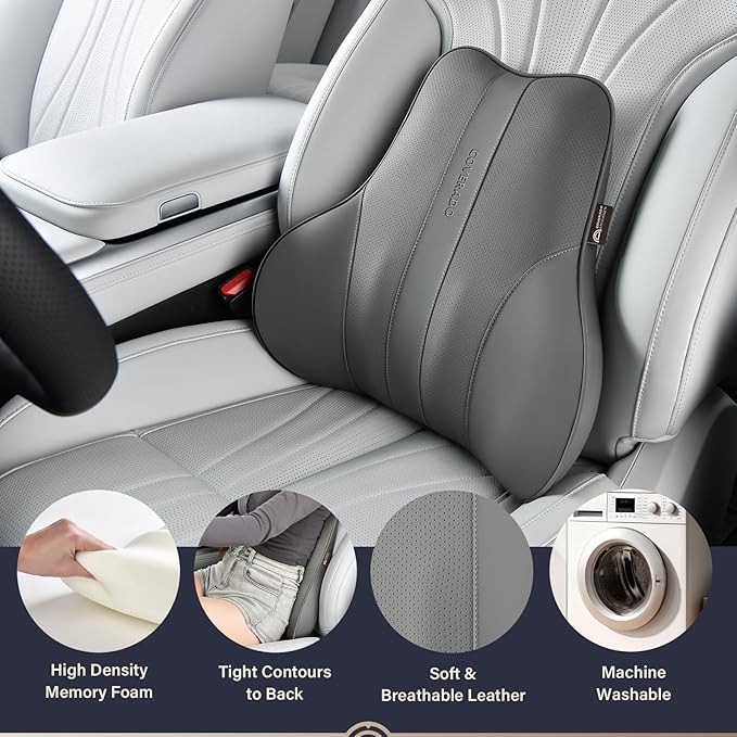 Coverado Lumbar Support Pillow for Car, Ergonomic Memory Foam Back Pillow for Office Chair, Back Cushion for Back Pain Relief, PU Leather Car Lumbar Support for Driving Seat - Gray