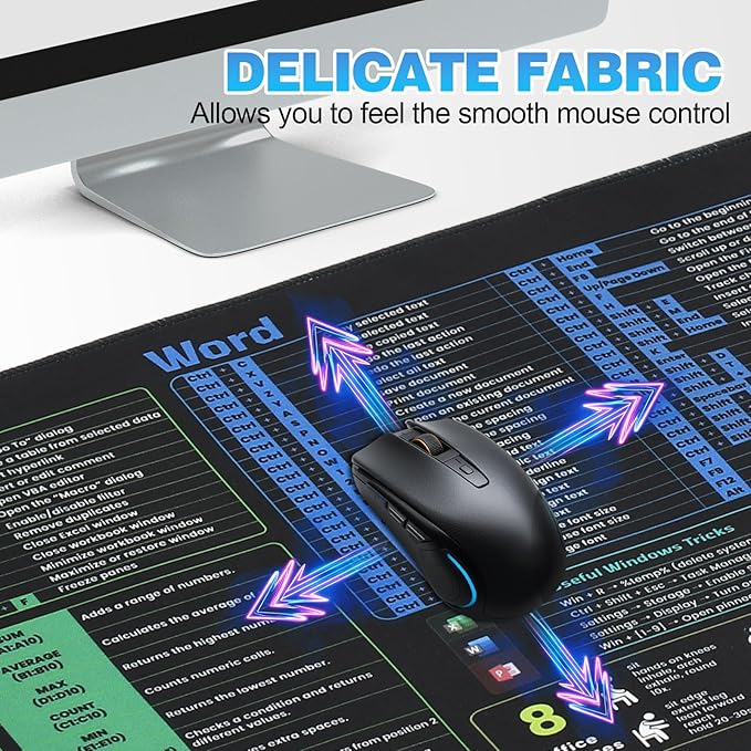 Office Shortcut Mouse Pad - 200+ Hotkeys for Excel/Word/PPT/Windows, 31.5"×11.8" XL, Waterproof Anti - Slip Stitched Edge, 8 Desk Exercises for Efficiency