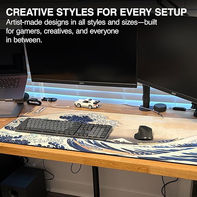 MPCO. Ukiyo-E Large Gaming Desk Pad - 36" x 17" Aeroglyde Fabric Ocean Waves Desk Mats - Washable, Smooth Glide for Precision Gaming & Work