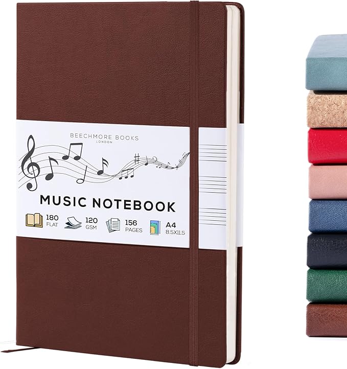 BEECHMORE BOOKS Blank Sheet Music Notebook – A4 8.5x11.5 for Songwriters, Musicians & Composers, 156 Thick 120gsm Pages, 10-Staff Perforated Sheets, Vegan Leather Hardcover, Elastic Closure, Gift Box