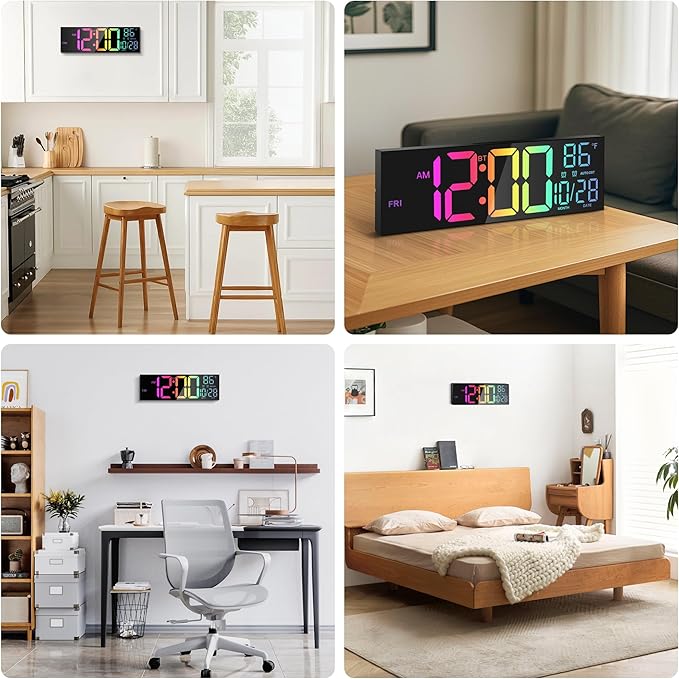 16.5" Large LED Wall Clock with Bluetooth Sync, Night Light, DST, 2 Alarms, RGB Color, Temperature, Remote Control, 12/24H, Timer for Living Room, Bedroom, Desk, Gift for Mother Father Elderly