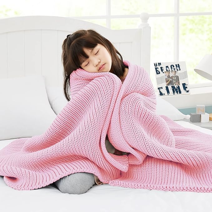 Guohaoi Knitted Weighted Blanket Kids (Pink 50"x60" 7lbs) No Beads Cooling Heavy Blanket, Home Decor Breathable Chunky Knit Throw Blanket for All-Season Use