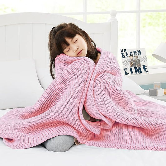 Guohaoi Knitted Weighted Blanket Kids (Pink 50"x60" 7lbs) No Beads Cooling Heavy Blanket, Home Decor Breathable Chunky Knit Throw Blanket for All-Season Use