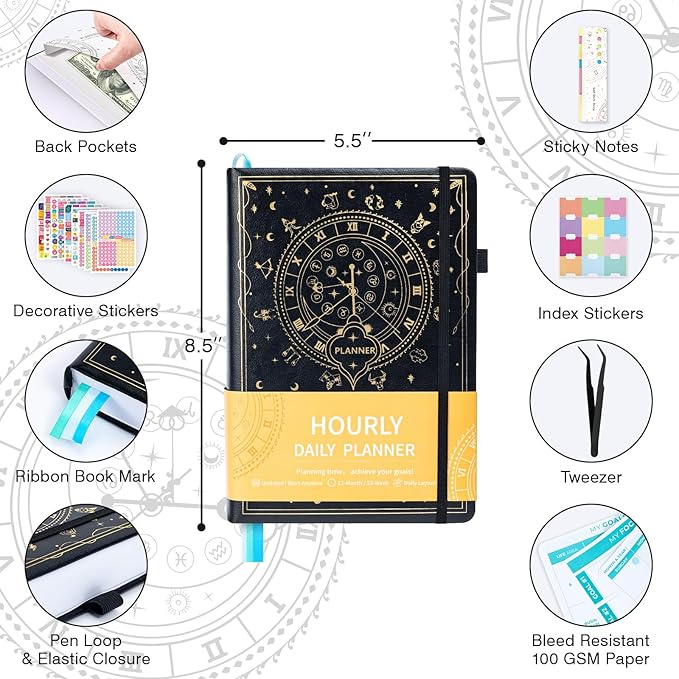 2025-2026 Undated 12 Month Planner Hardcover (5.5x8.5") - Weekly & Monthly Academic Life Organizer, Productivity Journal, Thick Paper, Sticker, Bookmark, Pen Loop(BLack)