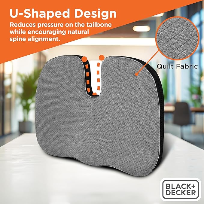 BLACK+DECKER Quilted Knit Memory Foam Seat Cushion U Seat Cushion for Office Chair, Car, Wheelchair & Airplane – Ergonomic, Pain Relief, Non-Slip Backing, Washable Cover, Grey/Black